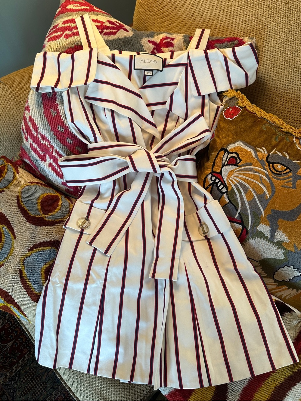ALEXIS Striped Off-Shoulder Tie-Waist Mini Dress in White & Dark Red Stripes XS